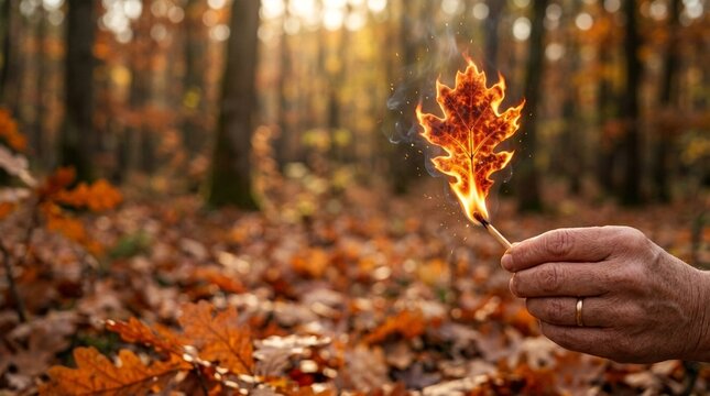 Human hand holding a vibrant burning autumn oak leaf with a lit matchstick, amidst a beautiful forest floor filled with colorful fall foliage