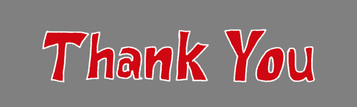 handwritten in bold font "thank you" in dark red on a light blue background illustration