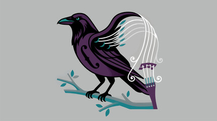 Obraz premium Stylized Flat Vector Illustration of a Raven Perched on a Branch, Its Wings Transforming into Cello Strings with Musical Notes, Purple and Teal Color Palette on Gray Background