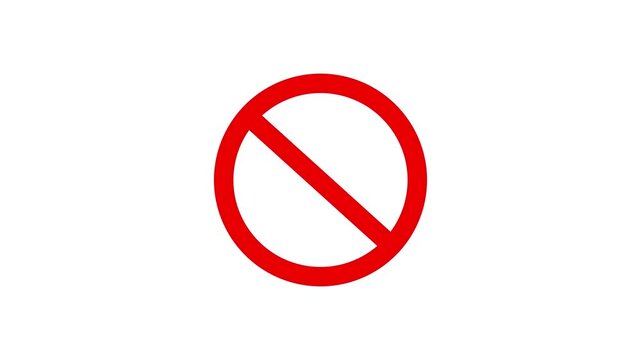Red prohibition sign animation zooms out on white background for motion graphic.
