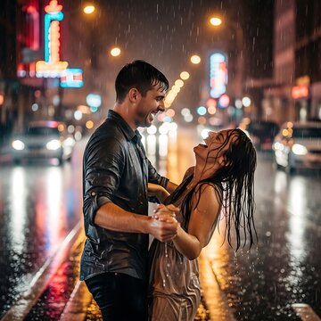 Couple embracing in vibrant nighttime city street.