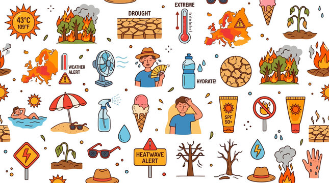 Extreme heat and global warming climate change impacts and icons