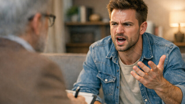 A man in a professional setting, upset and talking animatedly.