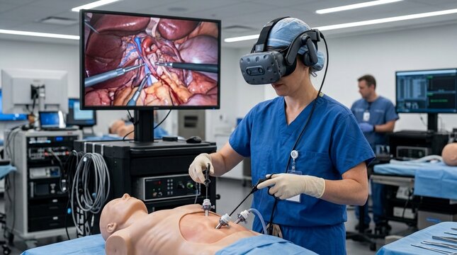 Surgeon in virtual reality headset performing simulated laparoscopic surgery on a mannequin for medical training and education