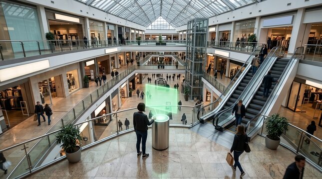 Modern shopping mall interior with multiple levels and escalators