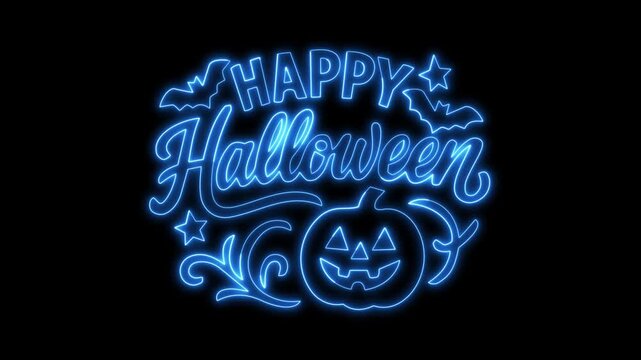Neon blue happy halloween greeting animation with flickering pumpkin and bats loop.