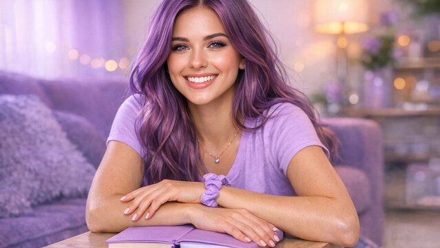 A young woman with purple hair, wearing a lavender shirt and sitting on a lavender couch. She's smiling into the camera, giving off a relaxed vibe in an indoor, cozy setting.