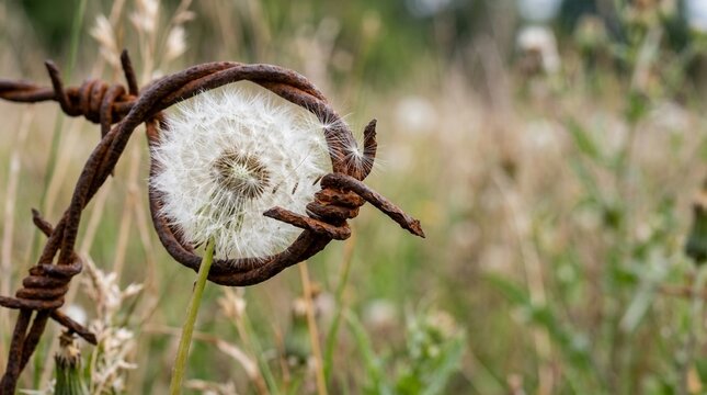 Fragile dandelion seed head framed by rusty barbed wire in a natural field, symbolizing resilience and delicate beauty