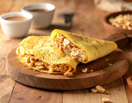 Martabak Manis, Delicious Indonesian Pancake Filled with Peanuts on a Wooden Board