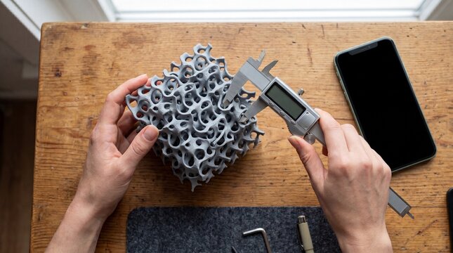 Engineer measuring 3D printed metal part with digital caliper