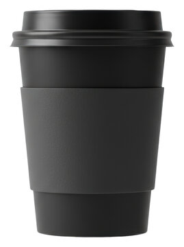 Matte black disposable paper coffee cup with a matching sipper lid and textured dark charcoal sleeve, isolated on a brilliant white background with copy space, emphasizing modern beverage branding