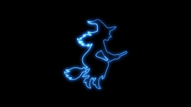 Neon blue witch riding broomstick animation isolated on black background for halloween.