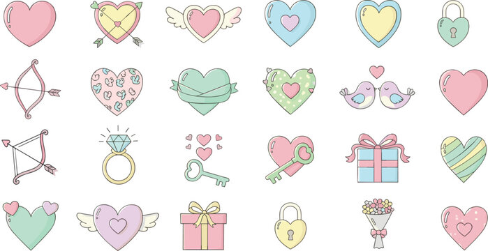Assorted valentine day heart icons featuring cupid bows gifts keys and locks in cute pastel colors