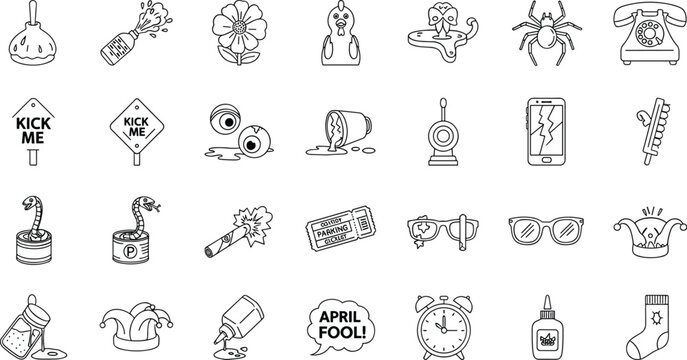 Collection of funny april fools day prank icons and pranking accessories in simple line art drawings
