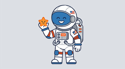 Fototapeta premium Smiling Cartoon Astronaut in White Spacesuit Holding Orange Star, USA Flag Detail, Flat Vector Illustration with Copy Space