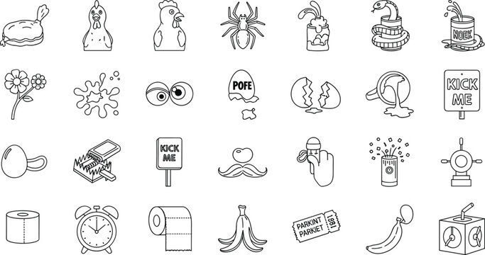 Illustration set featuring various prank objects and funny items used for april fools day pranks