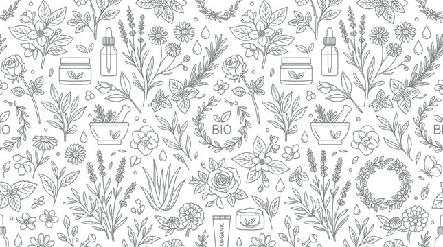 Botanical Skincare Pattern: Hand-Drawn Herbs, Flowers, and Beauty Products