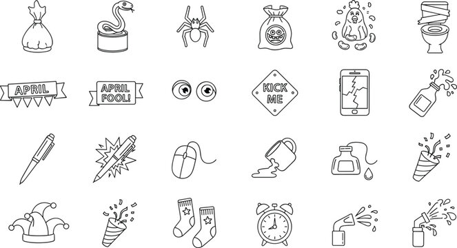 Set of monochrome line icons representing funny april fools pranks and various household prank items