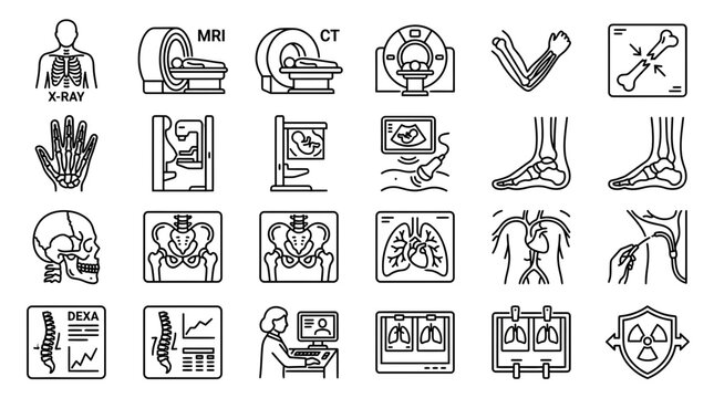 Medical Imaging Icons Set: X-ray, MRI, CT Scan, Ultrasound, Bones, Anatomy