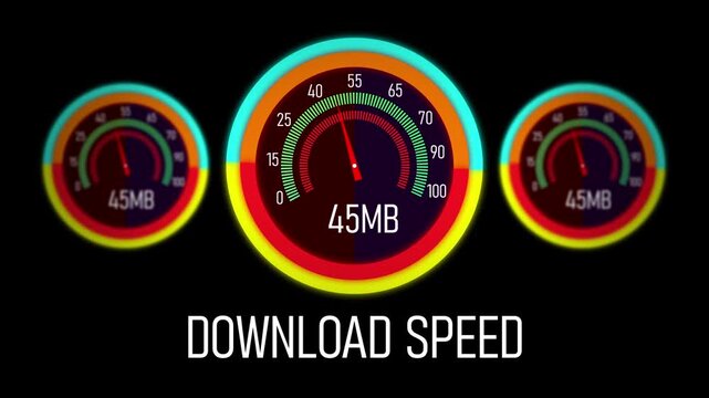 Dynamic digital download speed indicator featuring animated circular gauges with rising data transfer rates and modern neon ui for high-speed internet connectivity and network performance analysis
