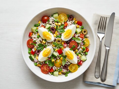 Fresh vegetable salad with boiled eggs and cherry tomatoes served in a white bowl with fork and knife. riso insalata