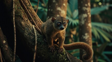 Fototapeta premium Small lemur sits on mossy branch in jungle. Cute mammal with big eyes, fluffy curled tail. Lush tropical plants in background. Cinematic jungle lighting creates moody atmosphere.