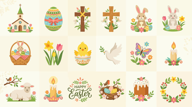 Easter celebration icons show bunny, eggs, and church on holiday.