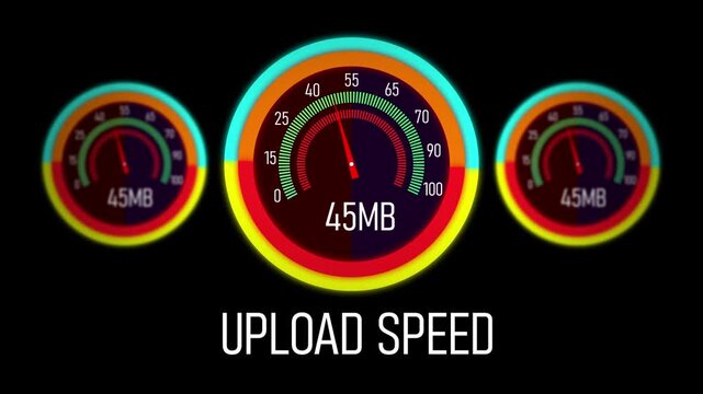 Dynamic digital upload speed gauge animation featuring three colorful circular progress meters measuring rapid data transfer rates and network performance metrics for high-speed internet