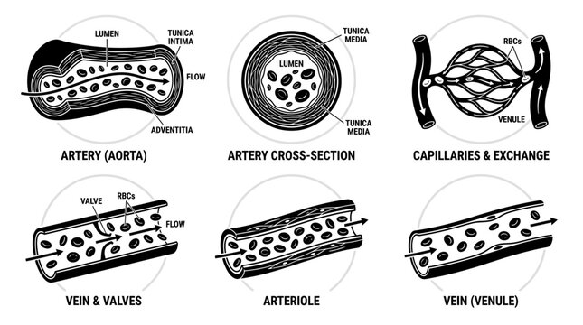 Human circulatory system diagram: artery, vein, capillaries, arteriole, venule