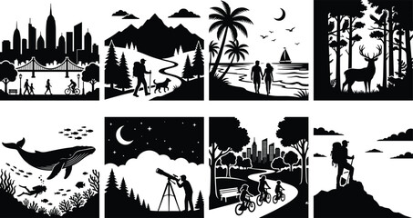 Obraz premium Adventure and Nature Silhouette Landscape Collection Featuring Travel Wildlife Outdoor and City Scene Designs