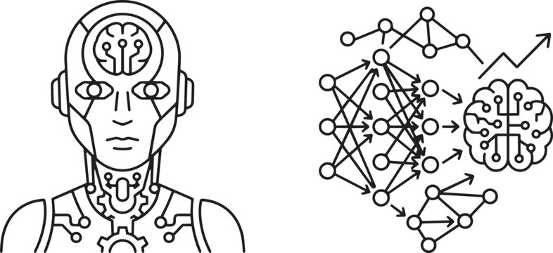 Art & Illustration, AI assistant and humanoid robot neural network outline icons depicting a smart virtual concierge.