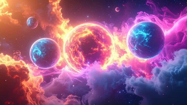Vibrant cosmic art shows glowing planets, nebula clouds, and a blazing sun against a dark expanse