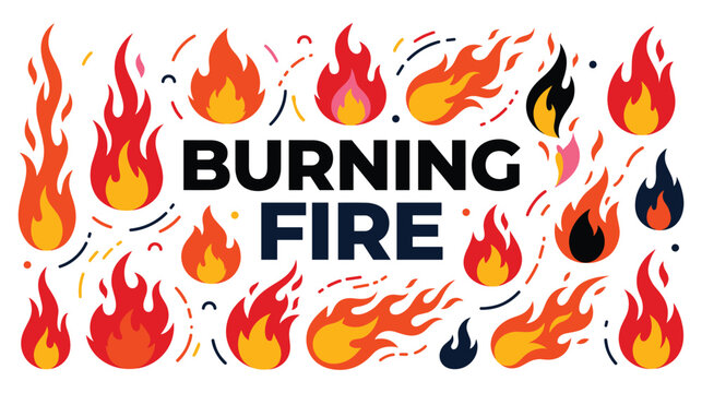Burning fire text surrounded by various colorful flame icons and sparks for hot heat design.