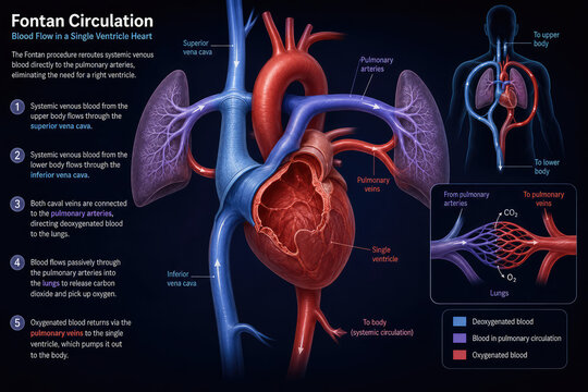 Fontan Circulation Medical Infographic &ndash; Single Ventricle Heart Anatomy