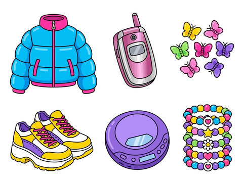 Nostalgic nineties fashion elements collection featuring puffer jacket flip phone sneakers cd player colorful beaded bracelets and cute butterflies