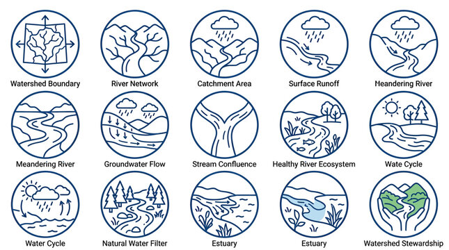 Water Cycle and Watershed Management Icons: River Network, Runoff, Ecosystems