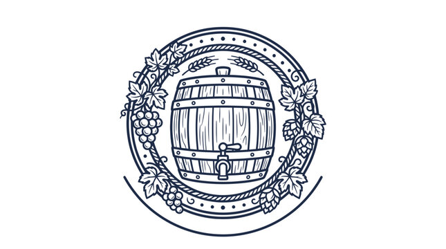 Wooden Barrel with Grapes, Hops, and Wheat - Craft Beverage Emblem