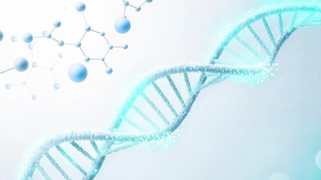 Digital animation of a glowing DNA double helix rotating on a light background
