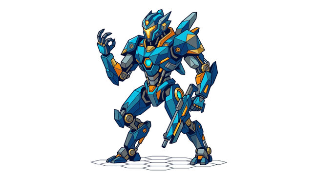 Futuristic Blue Robot Warrior with Gun, Pixel Art Style