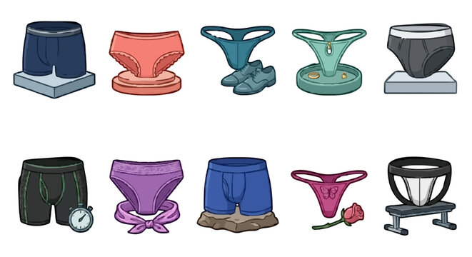 Variety of underwear and lingerie icons in cartoon illustration style