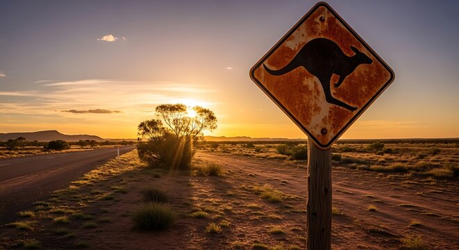 Australian road sign with kangaroo silhouette.