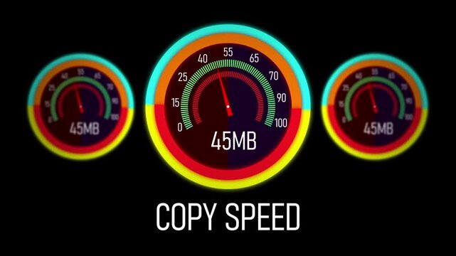 Dynamic digital copy speed gauge interface featuring real-time data transfer progress indicators with animated circular loading meters for high-performance computing and network bandwidth