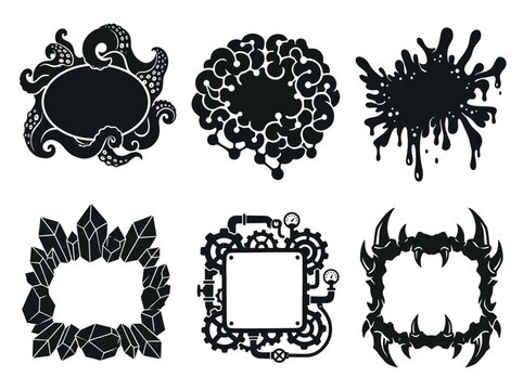Decorative border set featuring artistic black frames with octopus tentacles brain shapes ink splashes crystals gears and sharp monster claws