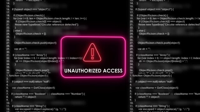 Cybersecurity breach alert featuring neon unauthorized access warning sign over scrolling software source code background, for digital security, data protection, hacking, and network infrastructure