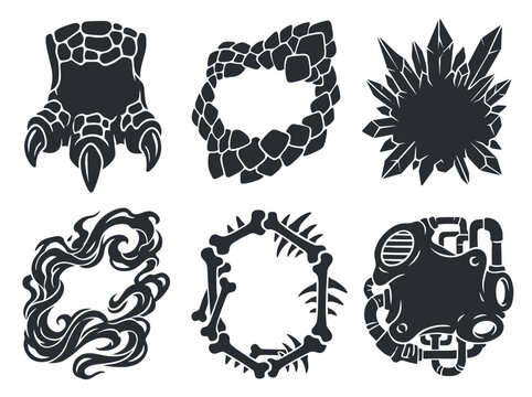 Decorative frames collection featuring fantasy elements like dragon claws stone textures crystals fire smoke bones and complex mechanical machine parts