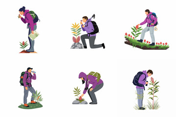 Fototapeta premium Flat Vector Character Set Illustrating People Hiking, Trekking, and Exploring Nature Outdoors with Backpacks and Gear.