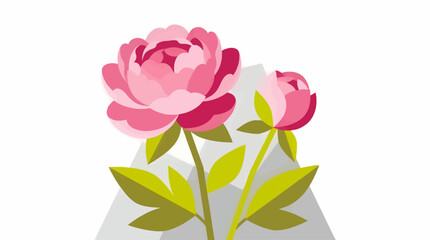 Fototapeta premium Flat Vector Illustration of Two Pink Peony Flowers, One Fully Bloomed and One Budding, with Green Leaves and Abstract Geometric Background, Clean Design with Copy Space