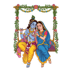 Obraz premium Krishna and Radha Celebrate Radhashtami on a Decorated Swing