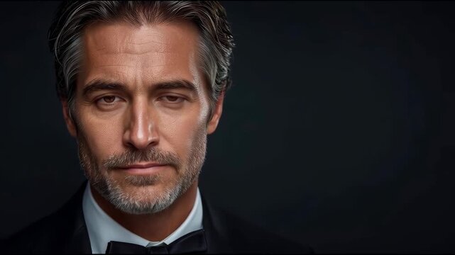Handsome mature man portrait close up thoughtful confident serious male in dramatic tuxedo lighting