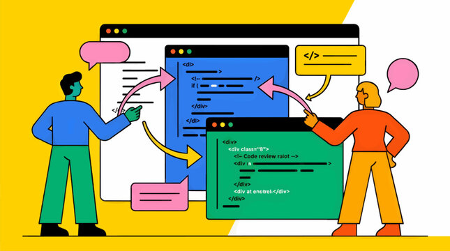 Flat Vector Illustration of Two Stylized Characters Collaborating on Code Review, Examining Code on Screens with Speech Bubbles and Arrows, Yellow and White Background